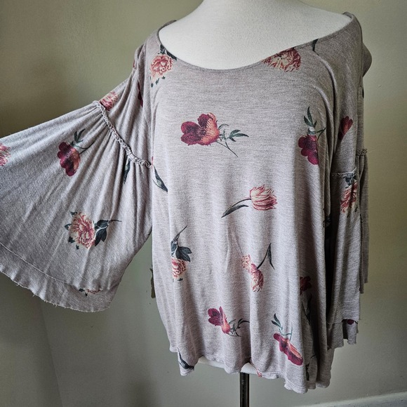 Lucky Brand 3X Taupe Floral Bell Sleeve Boho Lightweight Shirt Top Women - Picture 2 of 8